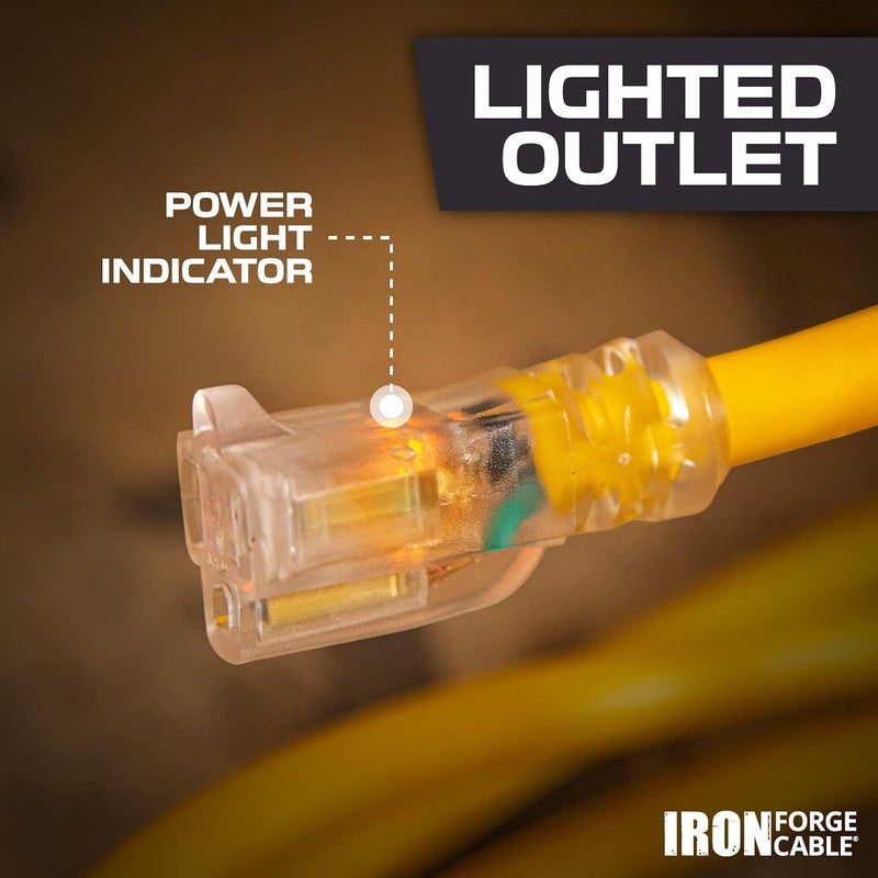 IRON FORGE CABLE 1 Foot Lighted Outdoor Extension Cord - 12/3 SJTW Heavy Duty Yellow Extension Cable with 3 Prong 15 AMP Grounded Plug for Safety - Image 5