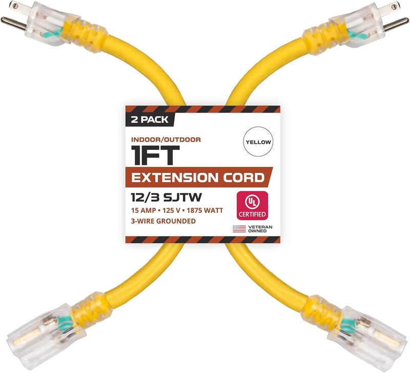 IRON FORGE CABLE 1 Foot Lighted Outdoor Extension Cord - 12/3 SJTW Heavy Duty Yellow Extension Cable with 3 Prong 15 AMP Grounded Plug for Safety - Image 1