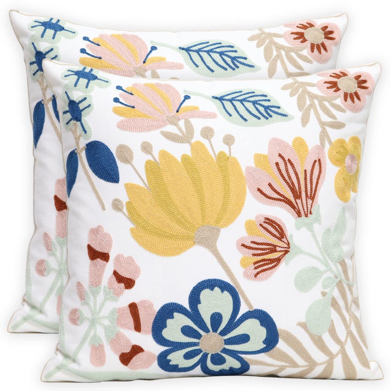 Pilmandu Pack of 2 Embroidered Decorative Throw Pillow Cover 18x18 Inch Farmhouse Floral Pillowcase for Living Room Sofa Bed (Floral) - Image 1