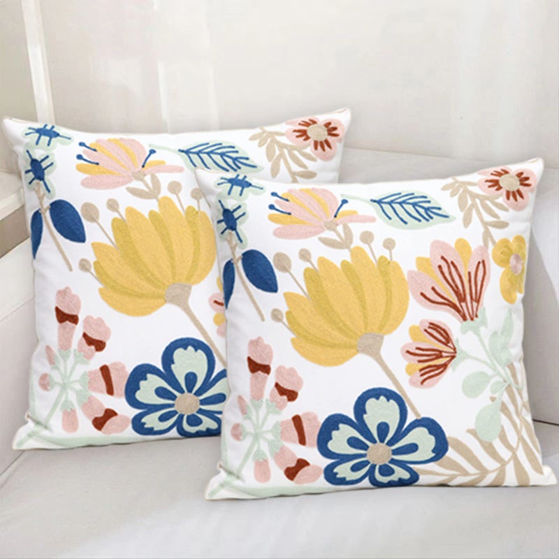 Pilmandu Pack of 2 Embroidered Decorative Throw Pillow Cover 18x18 Inch Farmhouse Floral Pillowcase for Living Room Sofa Bed (Floral) - Image 3