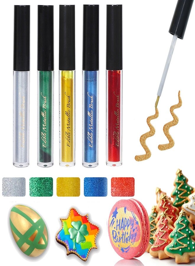 TKMOS Food Coloring Brush- Edible Markers for Cookie Decorating, 5PCS Metallic Markers Gold Shimmering Pens Brush, Double Sided Tip Food Coloring Paintbrush for Decorating Cakes, Fondant, Cookie - Image 1