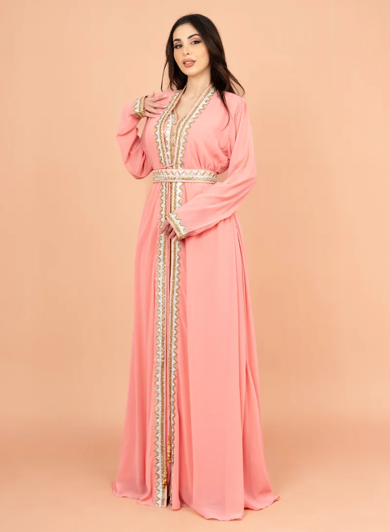 IKKXA Belted Elegant 2-Piece Kaftan IK8742 Peach