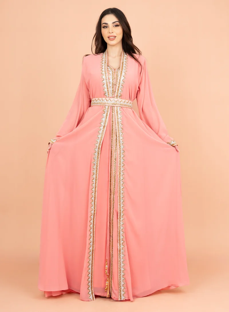 IKKXA Belted Elegant 2-Piece Kaftan IK8742 Peach