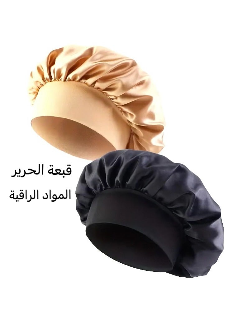 ماركة غير محددة قبعة حمام ساتان من قطعتين، قبعة للعناية بالشعر، مجموعة قبعة ليلية، قبعة نسائية عريضة الحواف عالية التمدد، قبعة دش تصفيف الشعر، قبعة شعر ساتان عالية الجودة، عناية مثالية للشعر وراحة قصوى  - Image 1