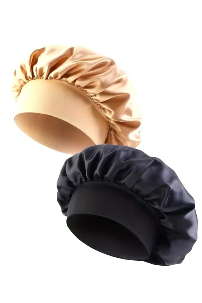 Generic Two hair caps, satin hair caps, nightcaps, soft and elastic silk nightcaps, and women's hair bands (black and gold) can all effectively protect hair to a certain extent.  - Image 1