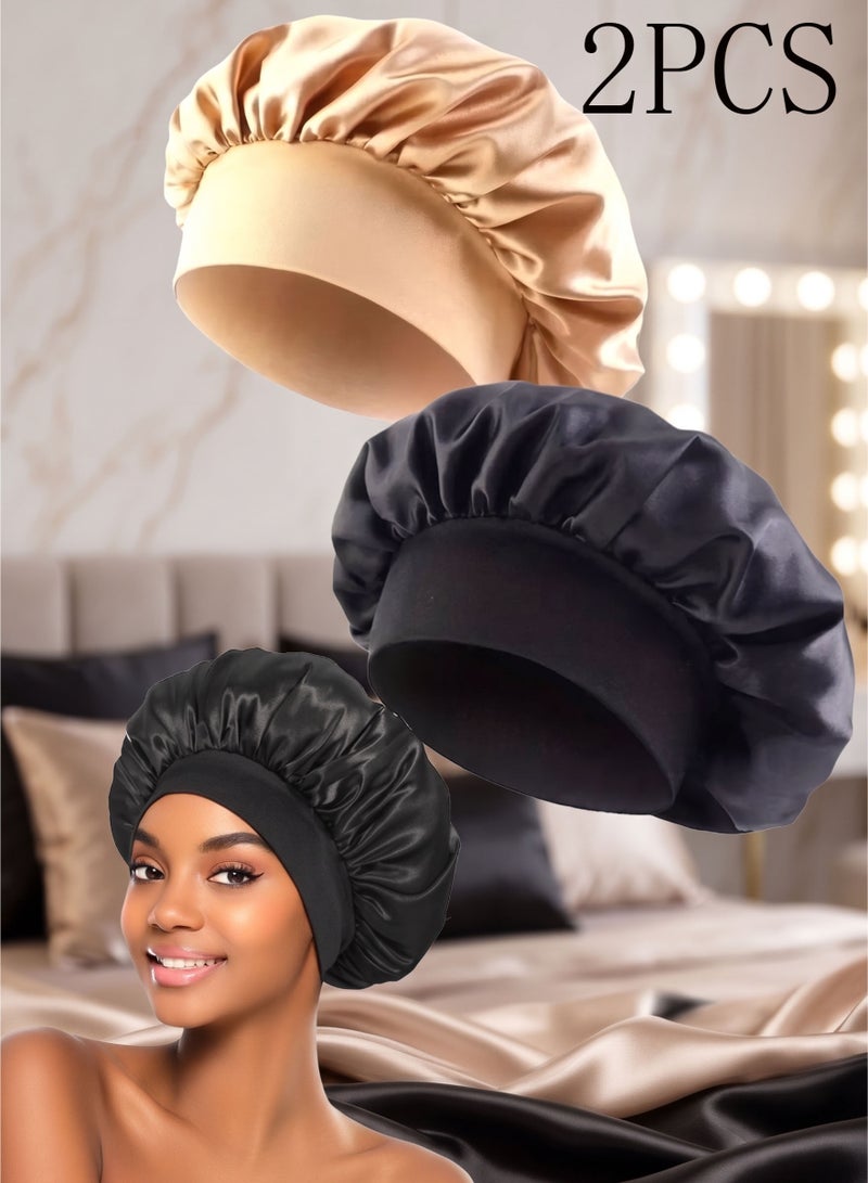 YUFAN 2Pcs Silk Bonnet for Sleeping, Satin Hair Bonnets, Soft Elastic Band Silk Sleep Cap, Hair Wrap for Women (Black Gold) - Image 1