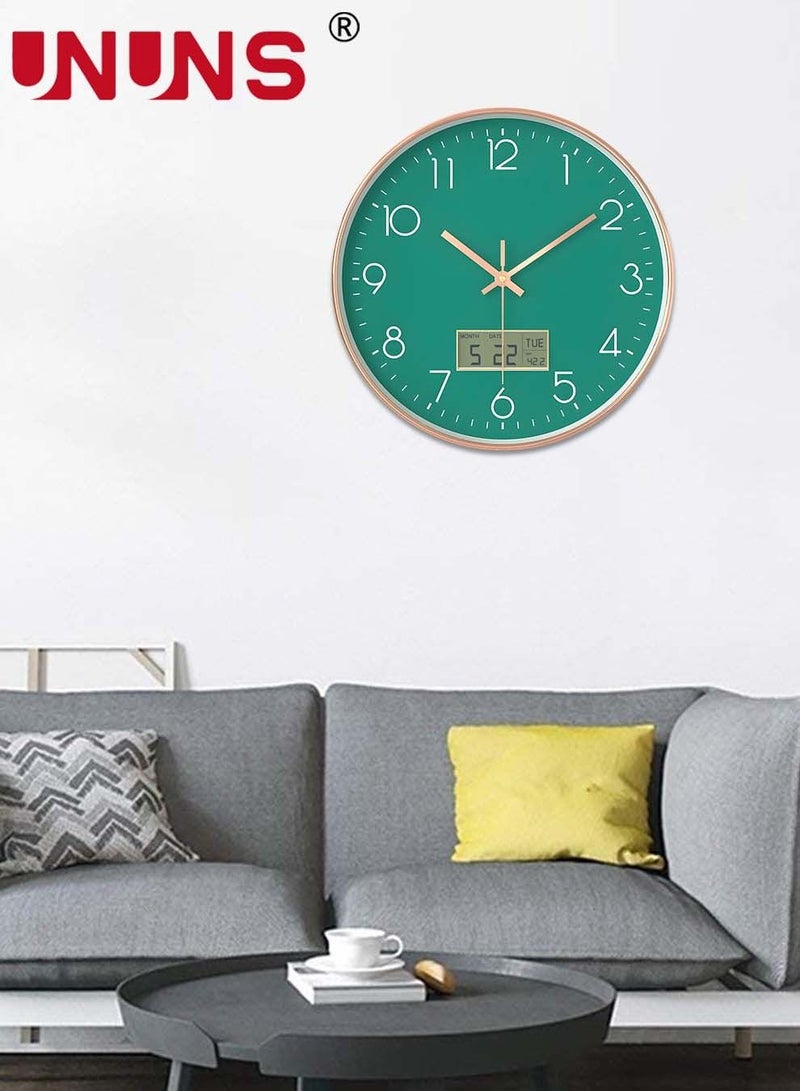 UNUNS Plastic Frame Wall Clock,Green Rose Gold Digital Clock With Date And Temperature,12 Inch Non-Ticking Round For Home,Decorative Clocks - Image 2