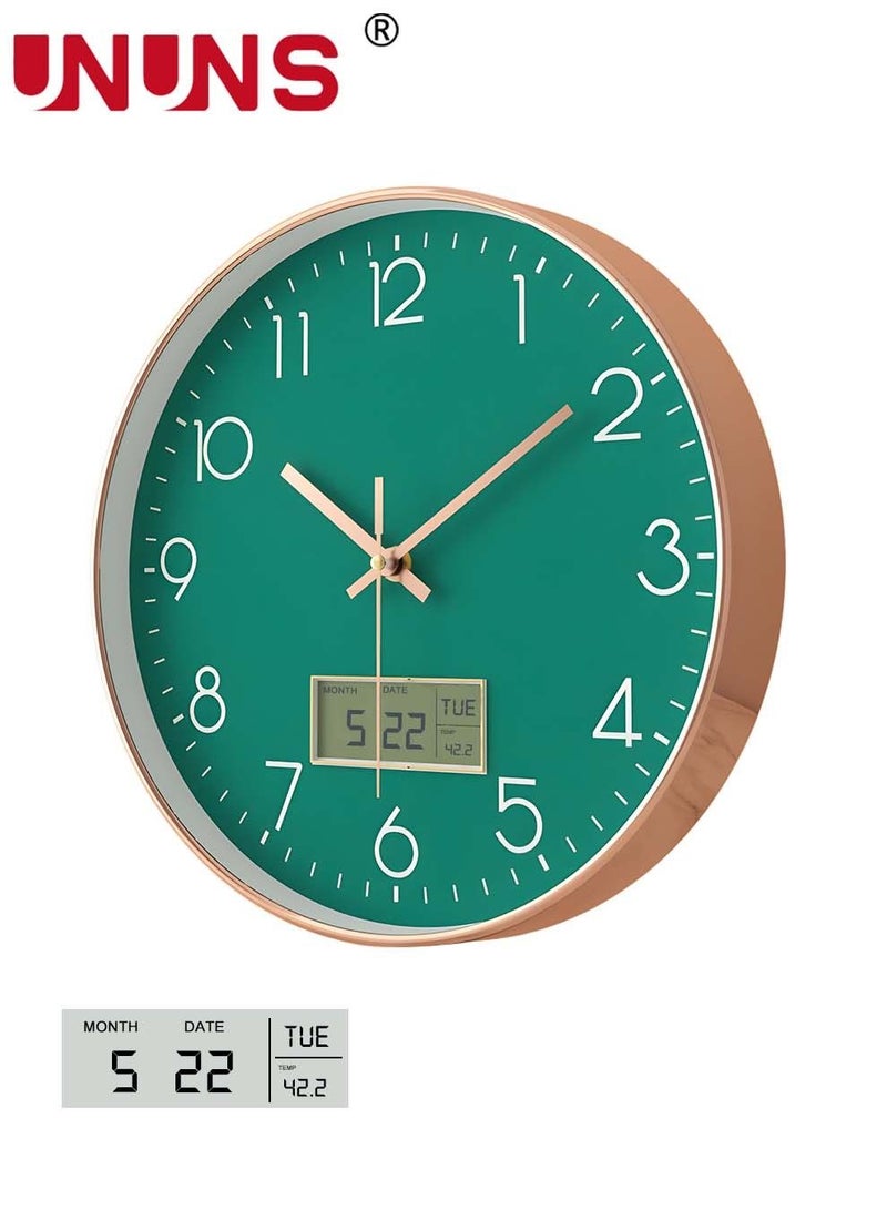 UNUNS Plastic Frame Wall Clock,Green Rose Gold Digital Clock With Date And Temperature,12 Inch Non-Ticking Round For Home,Decorative Clocks - Image 1