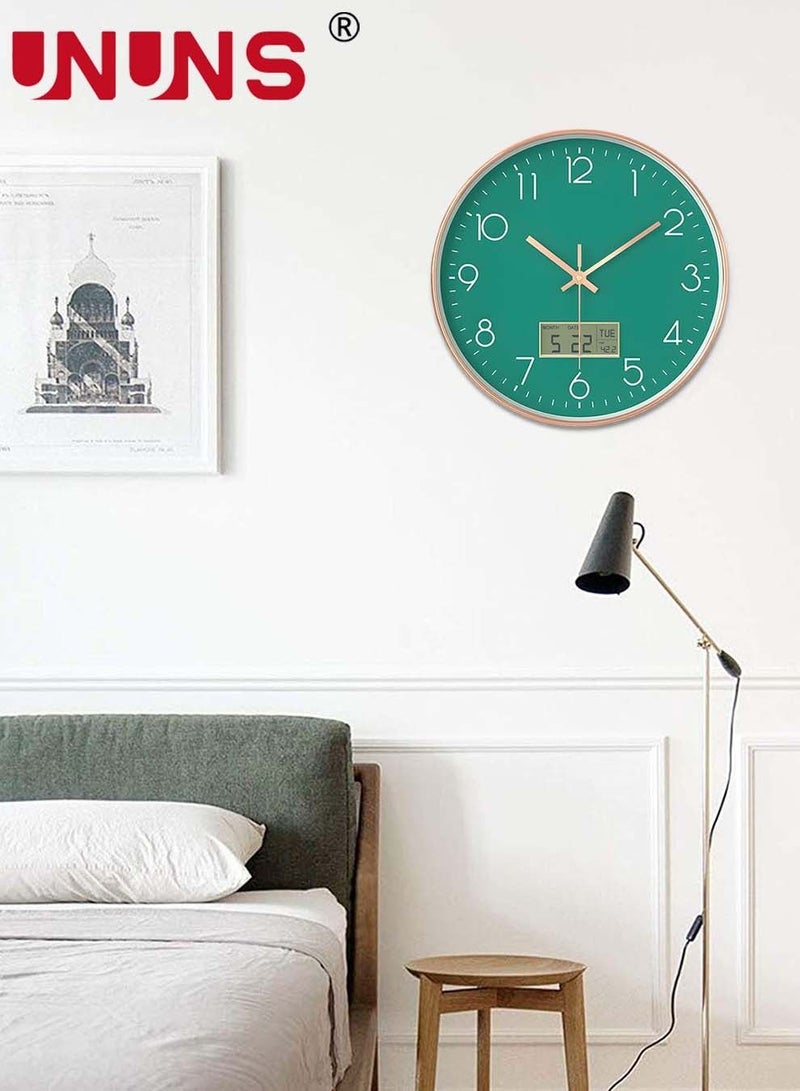 UNUNS Plastic Frame Wall Clock,Green Rose Gold Digital Clock With Date And Temperature,12 Inch Non-Ticking Round For Home,Decorative Clocks - Image 4
