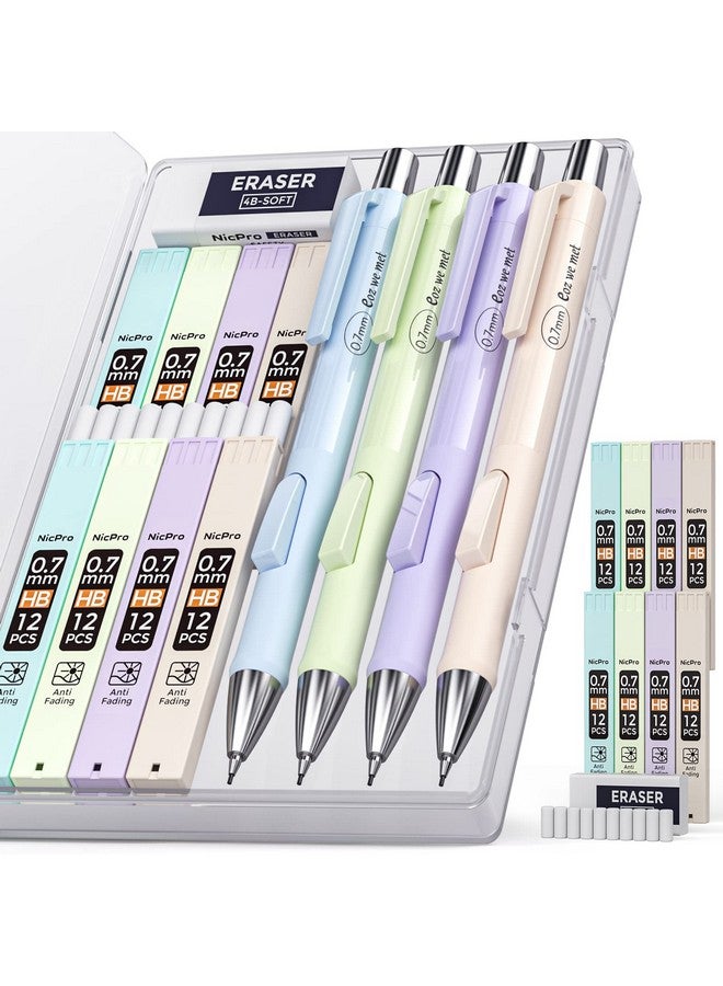 Nicpro 4 Pcs Pastel Mechanical Pencil 0.7Mm, Cute Fast Click Mechanical Pencils Set With 8 Tubes Hb Lead Refills, Erasers, Eraser Refills For School, Student Writing, Drawing, Sketching - With Case - Image 1