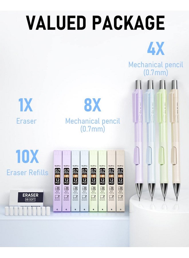 Nicpro 4 Pcs Pastel Mechanical Pencil 0.7Mm, Cute Fast Click Mechanical Pencils Set With 8 Tubes Hb Lead Refills, Erasers, Eraser Refills For School, Student Writing, Drawing, Sketching - With Case - Image 2