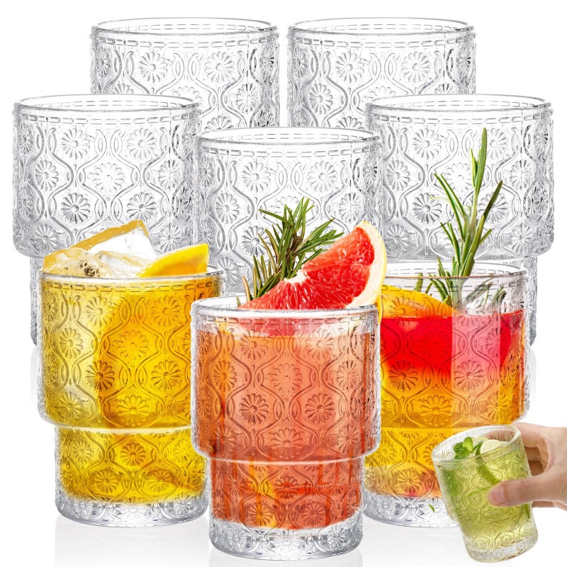 AVLA 8 Pack Vintage Drinking Glassware 7 oz Romantic Water Juice Glass Tumbler Cup Clear Stackable Coffee Cocktail Bar Drinkware for Beverages Tea Milk Yogurt Whiskey Embossed Floral Pattern
