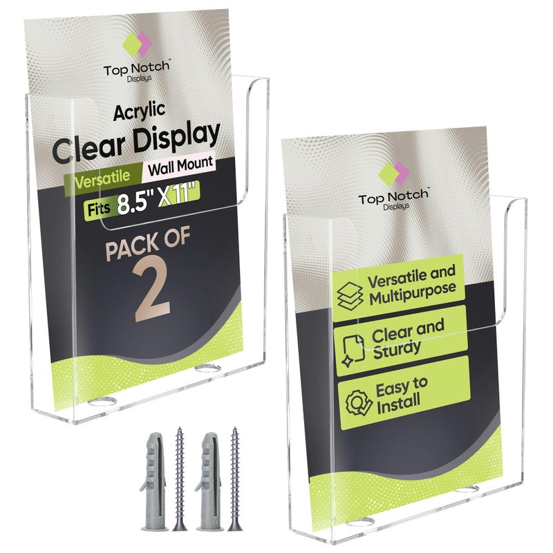 Top Notch Displays Acrylic Brochure Holder for Wall Mounting, Clear Display for 8.5" x 11" Flyers, Literature Holder for Magazines, Pamphlets, Menus, Includes Screws & Plastic Anchors â€“ Pack of 2 - Image 1