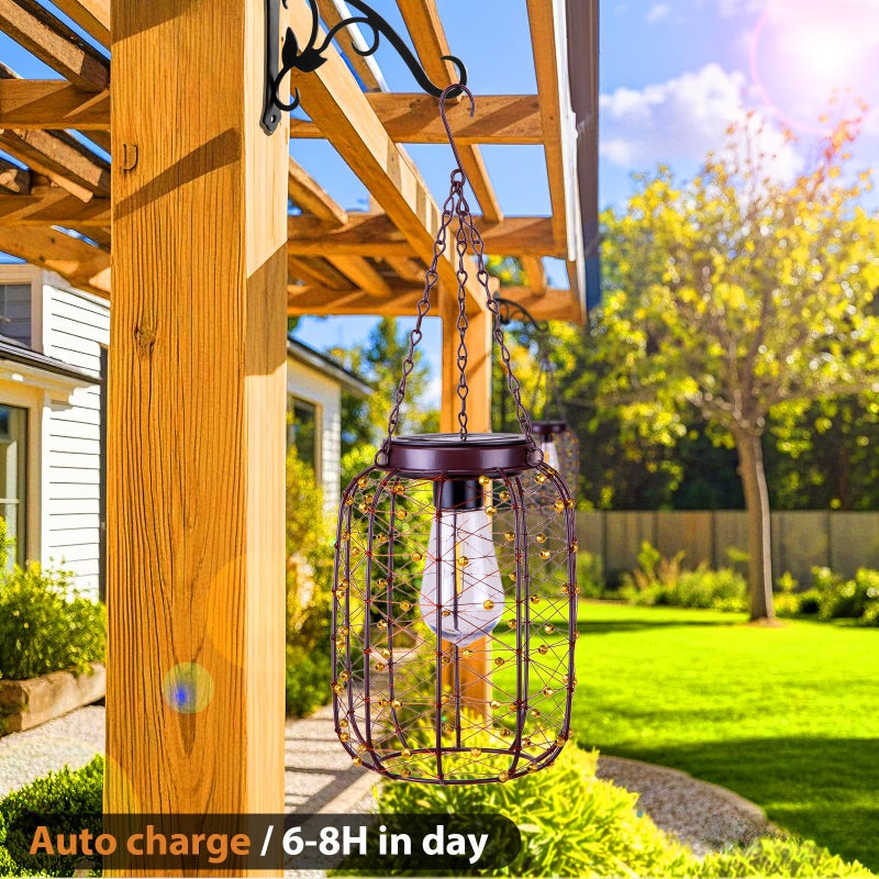 ALL FORTUNE Hanging Solar Lanterns Outdoor Waterproof, Vintage Copper Hanging Lantern Lights for Outside, Solar Chandelier Outdoor Idea for Yard Garden Pathway Gazebo Pergola Porch Decor, 2 Pack - Image 4