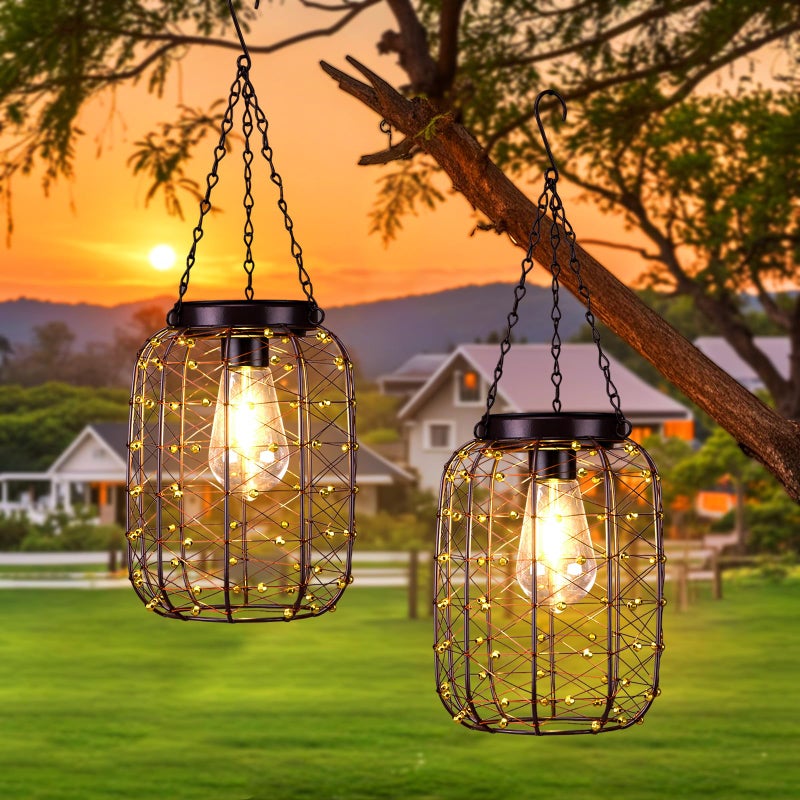 ALL FORTUNE Hanging Solar Lanterns Outdoor Waterproof, Vintage Copper Hanging Lantern Lights for Outside, Solar Chandelier Outdoor Idea for Yard Garden Pathway Gazebo Pergola Porch Decor, 2 Pack - Image 1