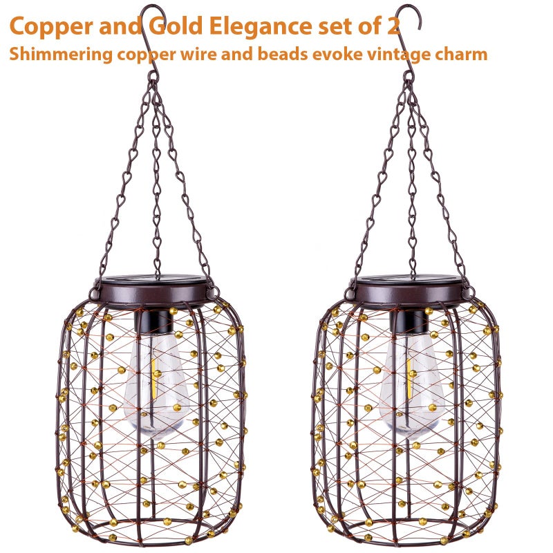 ALL FORTUNE Hanging Solar Lanterns Outdoor Waterproof, Vintage Copper Hanging Lantern Lights for Outside, Solar Chandelier Outdoor Idea for Yard Garden Pathway Gazebo Pergola Porch Decor, 2 Pack - Image 2