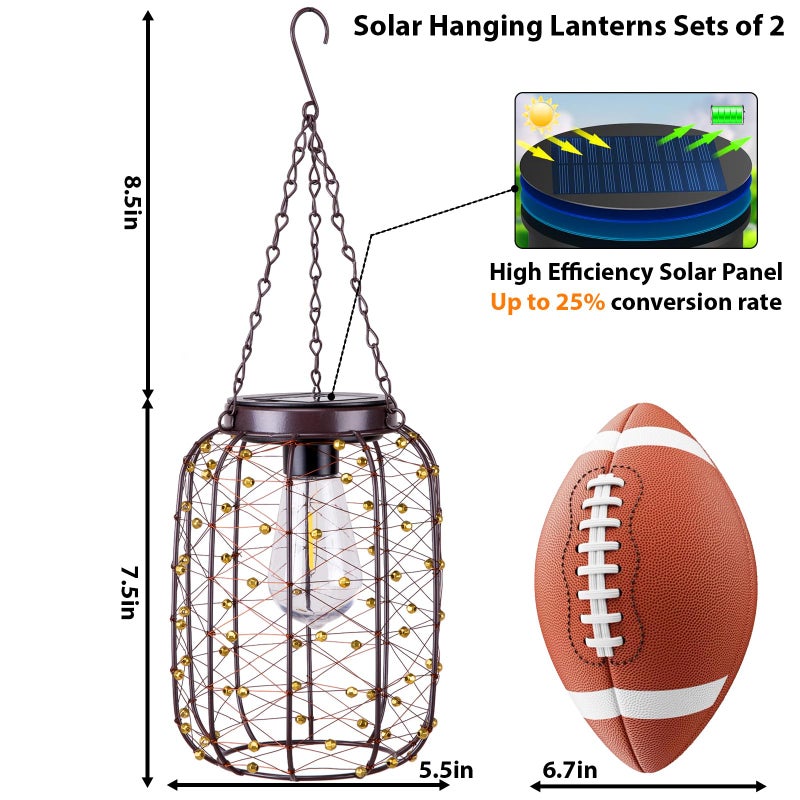 ALL FORTUNE Hanging Solar Lanterns Outdoor Waterproof, Vintage Copper Hanging Lantern Lights for Outside, Solar Chandelier Outdoor Idea for Yard Garden Pathway Gazebo Pergola Porch Decor, 2 Pack - Image 5