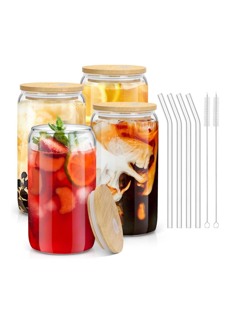 ميكسد 4 طقم أكواب زجاجية مع أغطية وقش 16 أونصة، طقم أكواب للشرب، فنجان قهوة مثلجة مع أغطية من الخيزران، رائعة للصودا وشاي البوبا والكوكتيل، مع 2 فرشاة تنظيف مجانية - Image 1