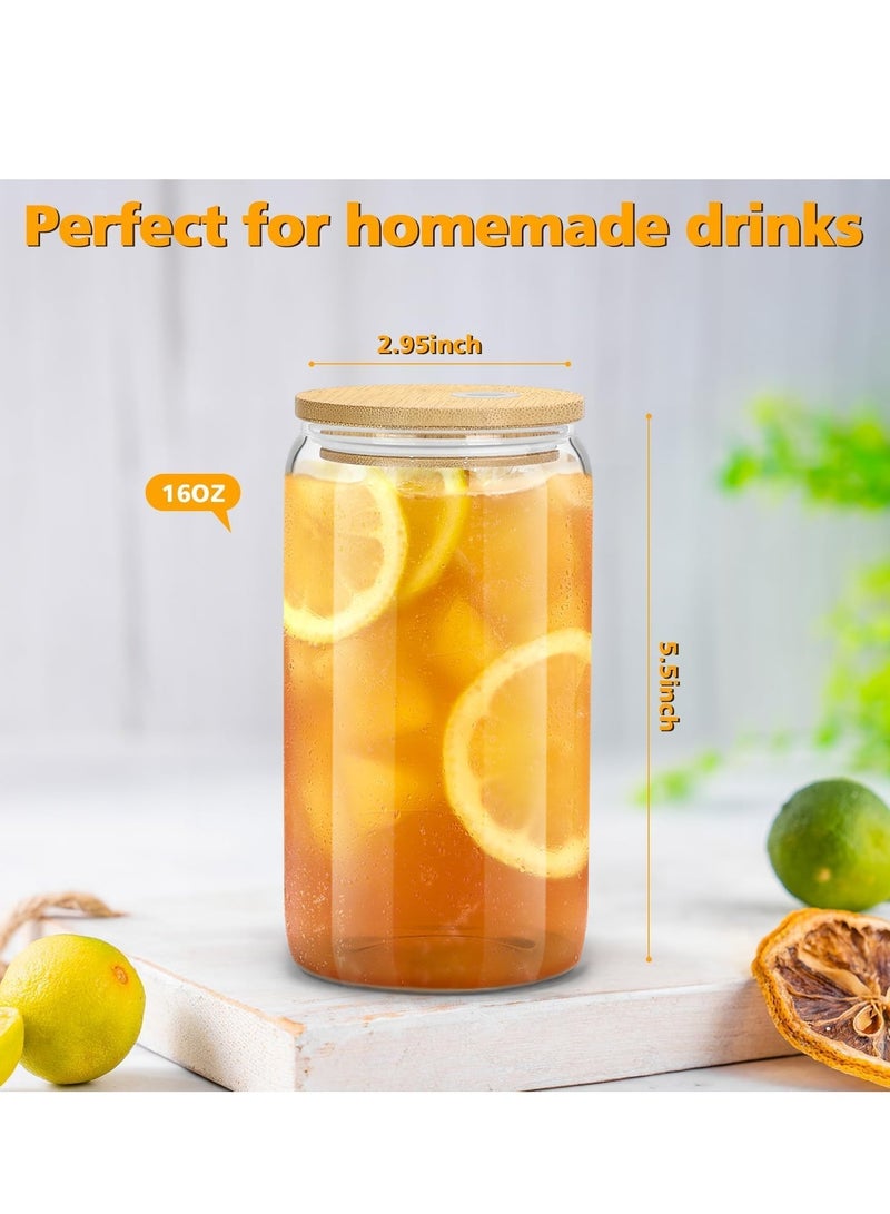ميكسد 4 طقم أكواب زجاجية مع أغطية وقش 16 أونصة، طقم أكواب للشرب، فنجان قهوة مثلجة مع أغطية من الخيزران، رائعة للصودا وشاي البوبا والكوكتيل، مع 2 فرشاة تنظيف مجانية - Image 2
