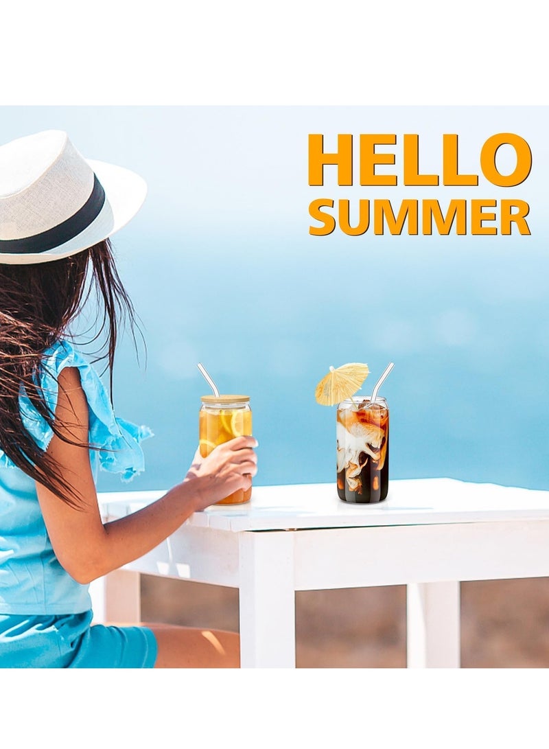 ميكسد 4 طقم أكواب زجاجية مع أغطية وقش 16 أونصة، طقم أكواب للشرب، فنجان قهوة مثلجة مع أغطية من الخيزران، رائعة للصودا وشاي البوبا والكوكتيل، مع 2 فرشاة تنظيف مجانية - Image 4