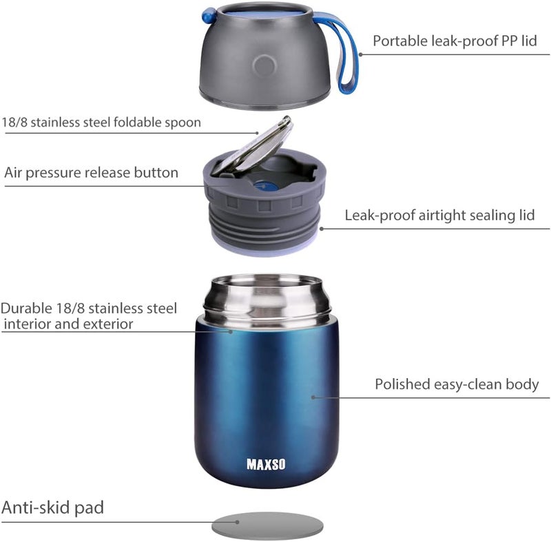 Max&So Soup Thermo for Hot & Cold Food for Adults Kids, 17 oz Vacuum Insulated Steel Lunch Container Bento Box with Spoon, Leakproof Thermal Food Jar for School Office Travel - Dark Blue - Image 2