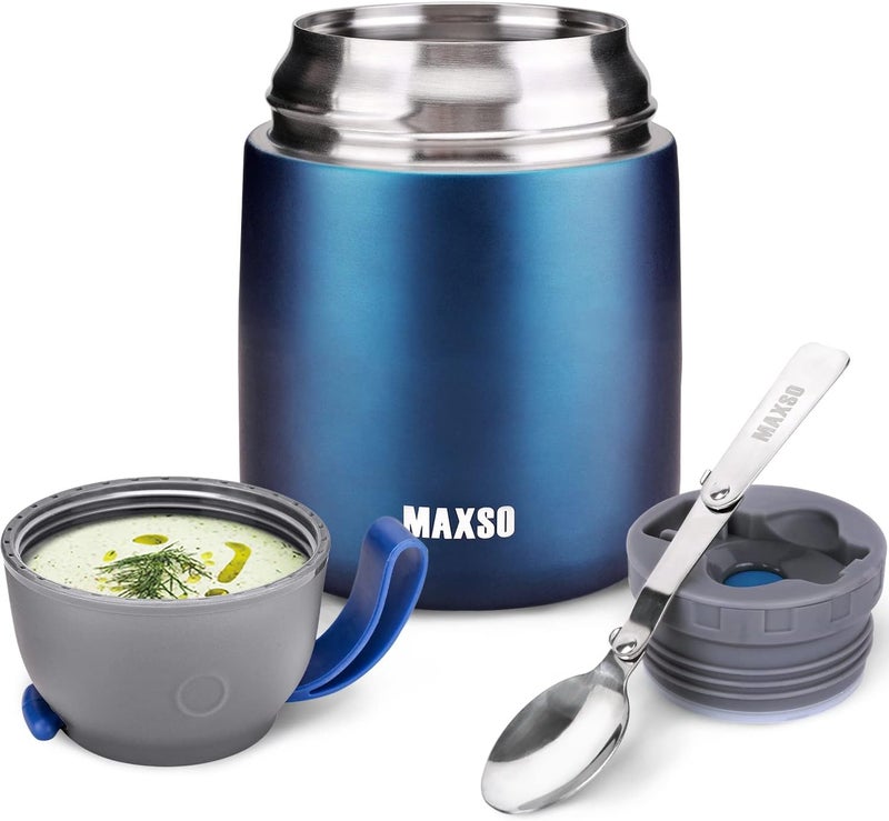 Max&So Soup Thermo for Hot & Cold Food for Adults Kids, 17 oz Vacuum Insulated Steel Lunch Container Bento Box with Spoon, Leakproof Thermal Food Jar for School Office Travel - Dark Blue - Image 1