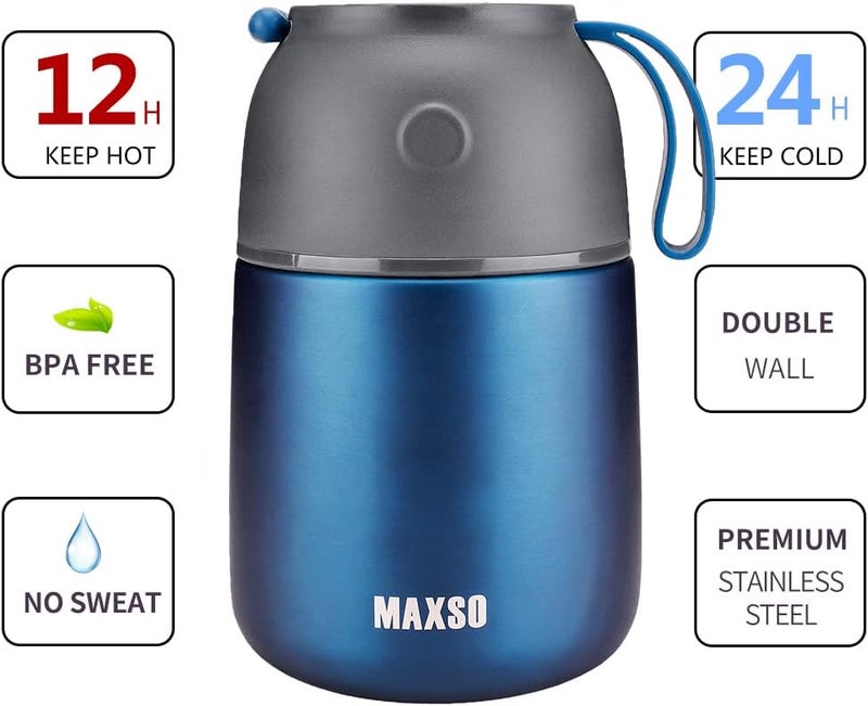 Max&So Soup Thermo for Hot & Cold Food for Adults Kids, 17 oz Vacuum Insulated Steel Lunch Container Bento Box with Spoon, Leakproof Thermal Food Jar for School Office Travel - Dark Blue - Image 3