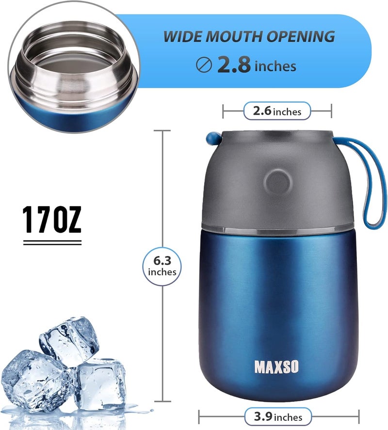 Max&So Soup Thermo for Hot & Cold Food for Adults Kids, 17 oz Vacuum Insulated Steel Lunch Container Bento Box with Spoon, Leakproof Thermal Food Jar for School Office Travel - Dark Blue - Image 4