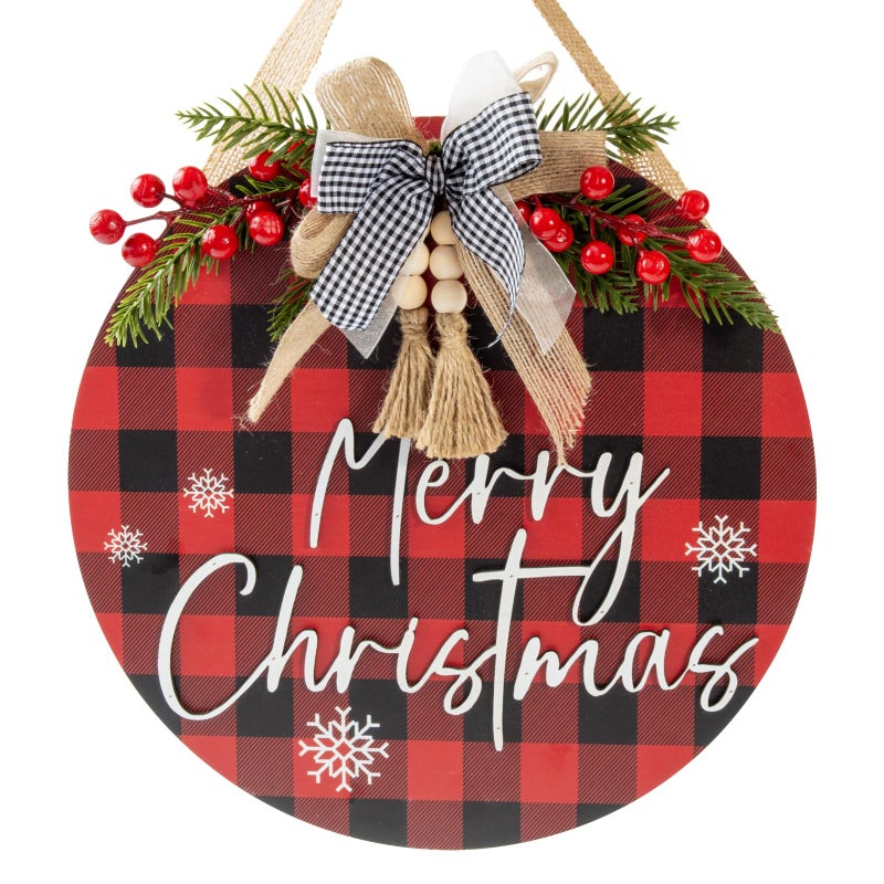 Merry Christmas Wreaths 12 Welcome Sign for Front Door Decor Buffalo Plaid Xmas Decorations for Porch Rustic Holiday Wall Hanger for Home Indoor  Outdoor