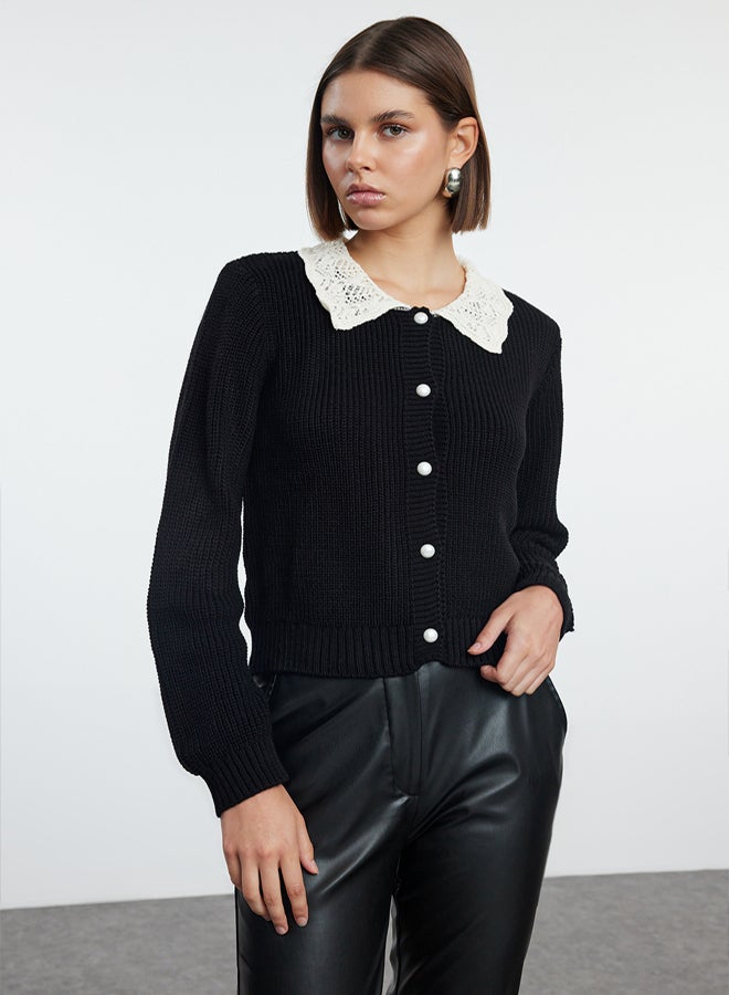 trendyol Black Soft Textured Shirt Garnish Detailed Knitwear Cardigan - Image 2