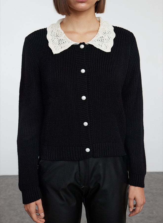trendyol Black Soft Textured Shirt Garnish Detailed Knitwear Cardigan - Image 3