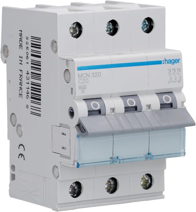 Hager MCN320 Miniature Circuit Breaker 3 Pole 20A-Made in EU - Image 1