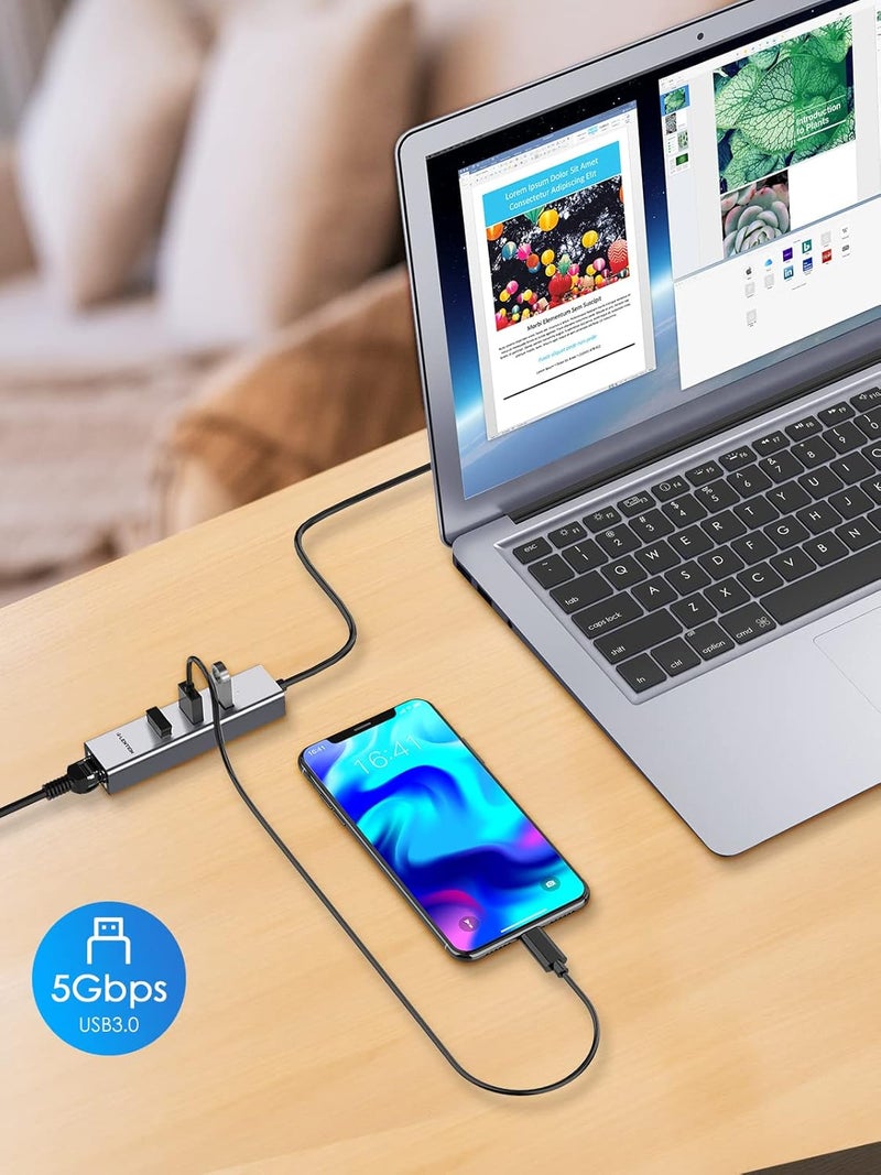 Lention 3- Port USB to Ethernet Adapter, USB 3.0 to RJ45 Ethernet Adapter Compatible with 2025-2016 MacBook Pro, 2025-2018 Mac Air, Surface pro, Chromebook, A Port Laptops(H23s-0.5M, Space Gray) - Image 4