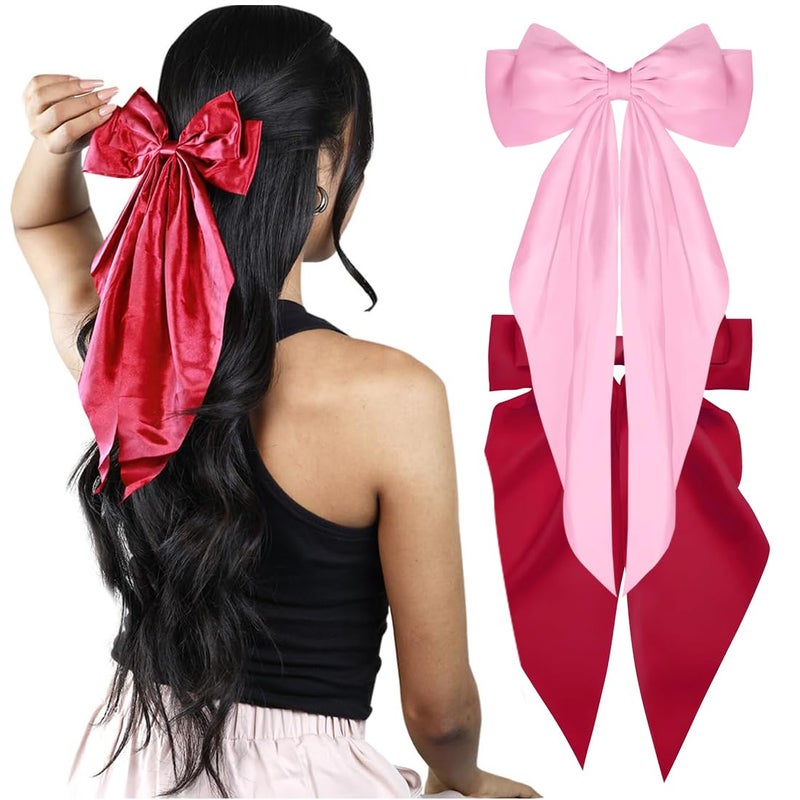 kapimo 2 Pcs Bow Hair Clips for Women Girls Satin layered Barrette Ribbon Hairclips Stylish Cute Hair Accessories (Pink - Red) - Image 1