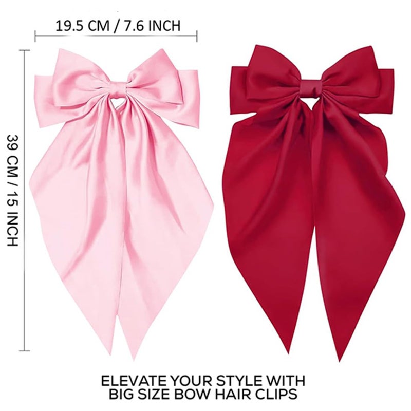 kapimo 2 Pcs Bow Hair Clips for Women Girls Satin layered Barrette Ribbon Hairclips Stylish Cute Hair Accessories (Pink - Red) - Image 2