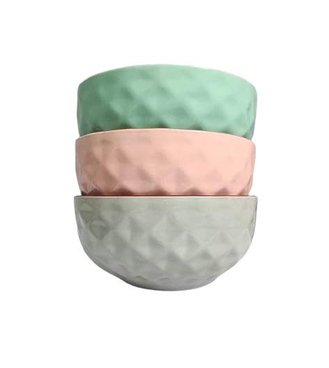SEPARATE WAY Ceramic Diamond Soup Bowl 400Ml, 5.3 Inch Diameter Set of 3, Pink, Green, Grey - Image 1