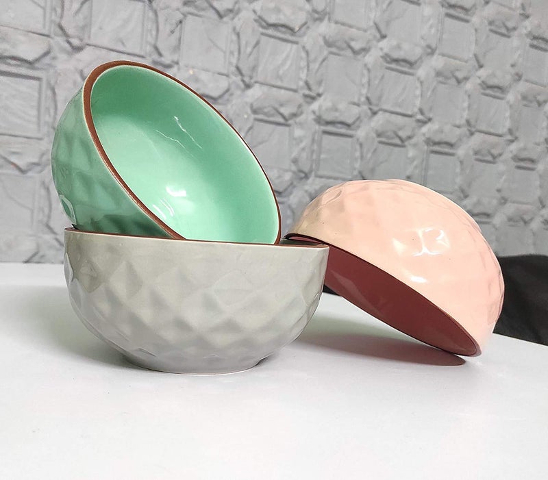 SEPARATE WAY Ceramic Diamond Soup Bowl 400Ml, 5.3 Inch Diameter Set of 3, Pink, Green, Grey - Image 3