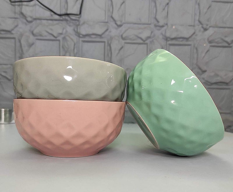 SEPARATE WAY Ceramic Diamond Soup Bowl 400Ml, 5.3 Inch Diameter Set of 3, Pink, Green, Grey - Image 2
