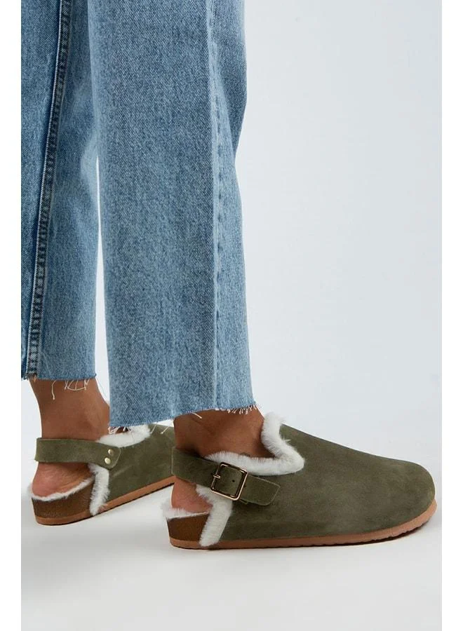 Holly Fur Women's Genuine Leather Belted Buckle Fur Khaki Suede Sandals