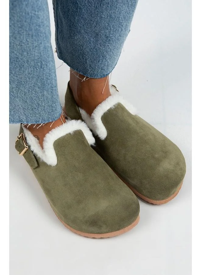 Manijero  Holly Fur Women's Genuine Leather Belted Buckle Fur Khaki Suede Sandals for Women | Best Price UAE