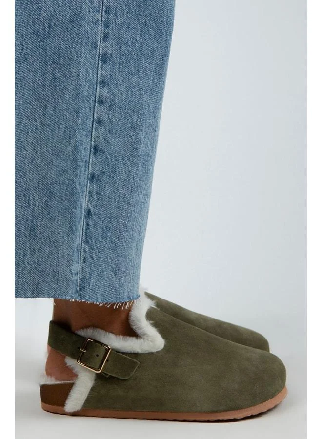 Manijero  Holly Fur Women's Genuine Leather Belted Buckle Fur Khaki Suede Sandals for Women | Best Price UAE
