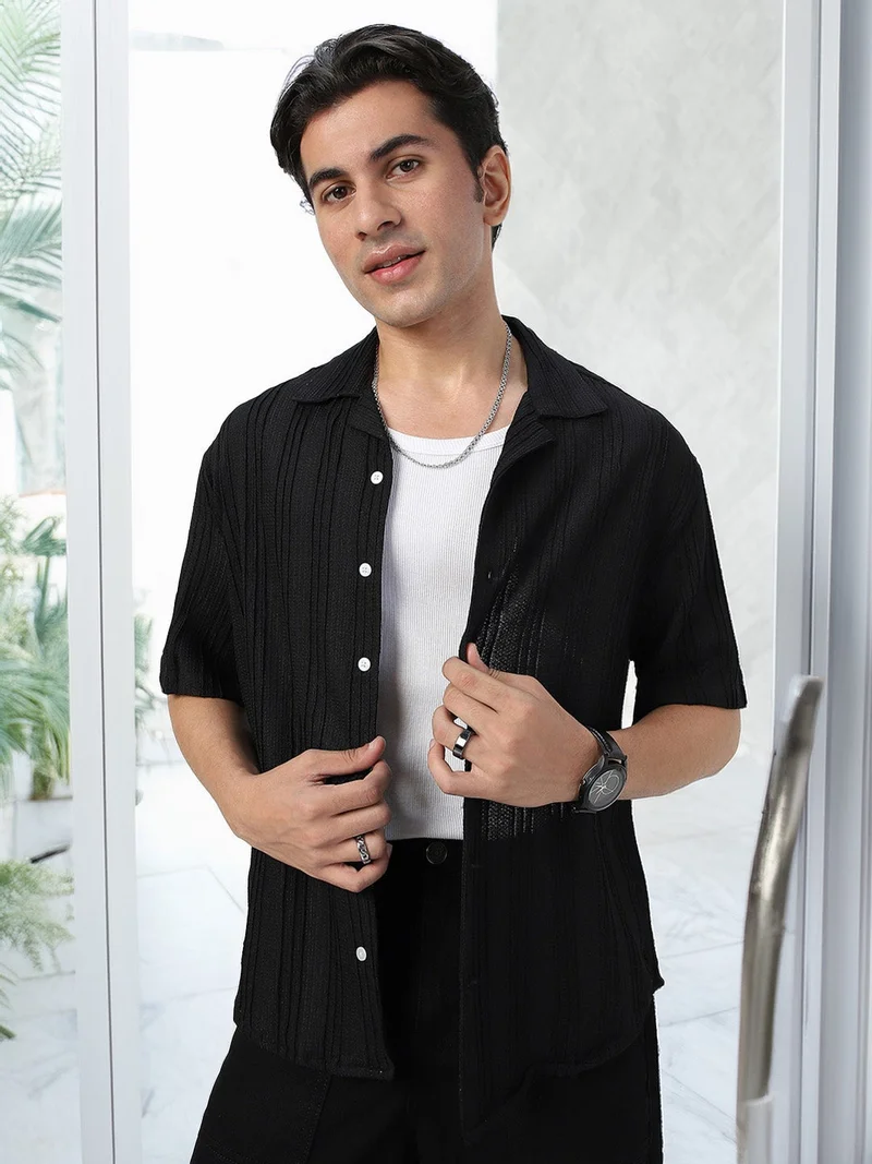 أوربانو فاشن Urbano Fashion Men's Black Cotton Half Sleeve Oversized Fit Textured Shirt with Cuban Collar
