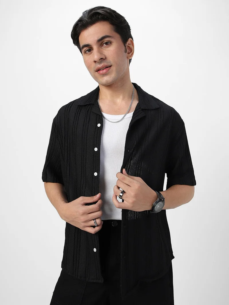 أوربانو فاشن Urbano Fashion Men's Black Cotton Half Sleeve Oversized Fit Textured Shirt with Cuban Collar