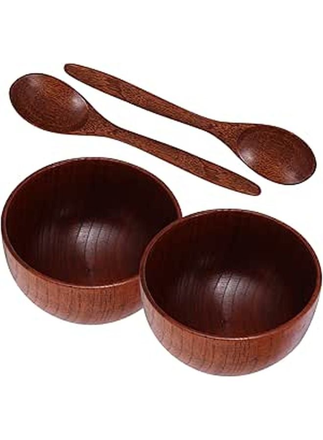 Wooden Serving Bowl Set 4 Pieces Large Rice Soup Bowls with Spoon Natural Material - Image 1