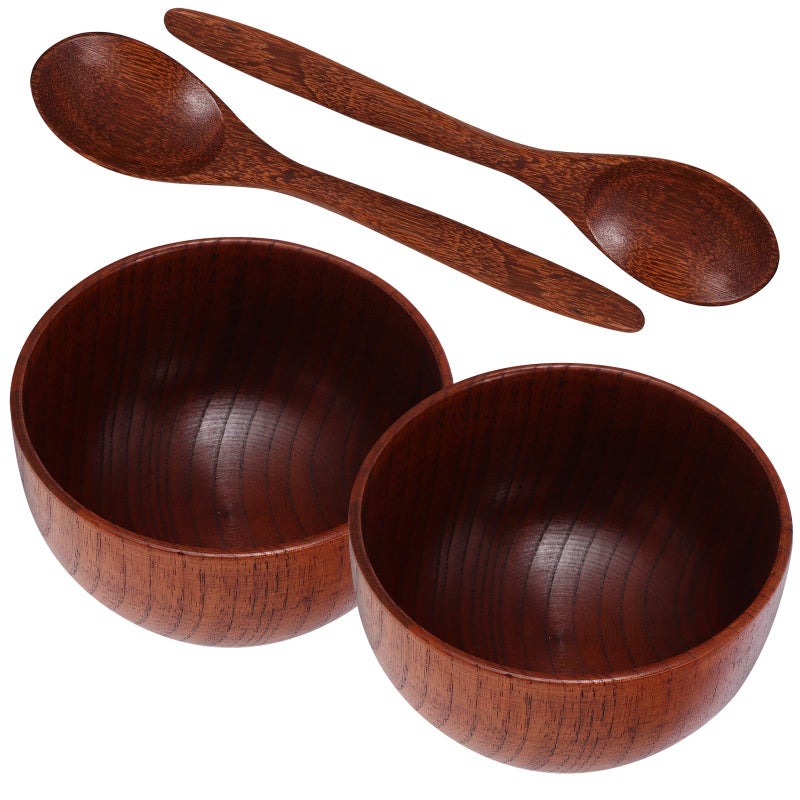 Wooden Serving Bowl Set 4 Pieces Large Rice Soup Bowls with Spoon Natural Material - Image 2