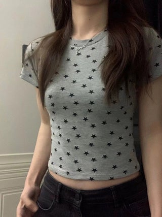 American Style Retro Star Shoulder Short-sleeved T-shirt Womens 2024 New Summer Hot Girl Short Design Sense Age-reducing Top Grey - pzsku/Z69EEFF5B2EB41A9B8AD5Z/45/1746194590/1388fb8d-aa00-4937-896d-311a2fdd45b3