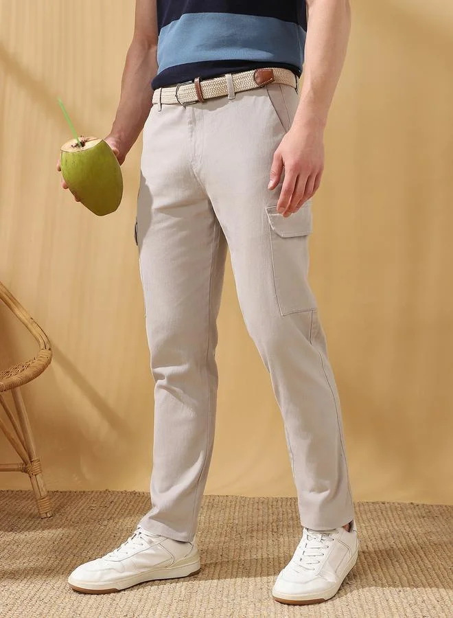 Dennis Lingo Men's Light Grey 100% Cotton Solid Pattern Full Length Cargo Straight Fit Trouser