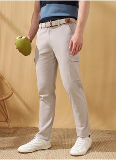Dennis Lingo Straight Fit Solid Light Grey 98% Cotton 2 %Elastane Mid Rise Waist Full Length Woven Weave Cargo for Men with Button/Zip Closure -redefine your casual wardrobe today.  - Image 3