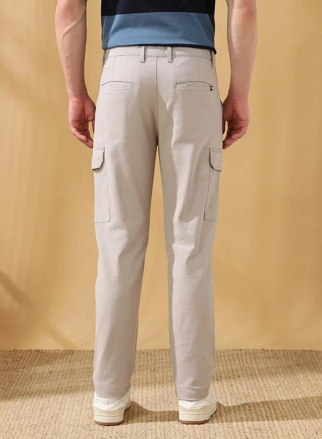 Dennis Lingo Men's Light Grey 100% Cotton Solid Pattern Full Length Cargo Straight Fit Trouser