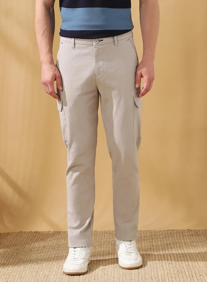 Dennis Lingo Men's Light Grey 100% Cotton Solid Pattern Full Length Cargo Straight Fit Trouser